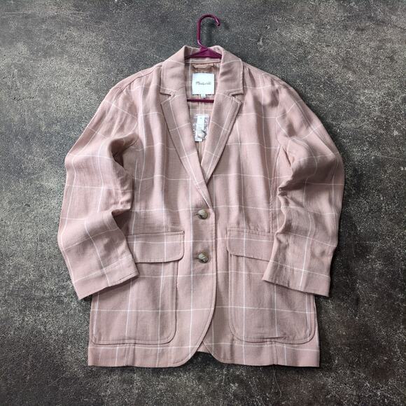 New Madewell Linen Blazer Jacket Womens S Pink Breezewoven Larsen Windowpane - Picture 1 of 11